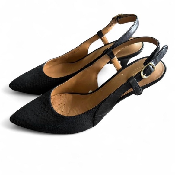 Clarks Black Snake Print Slingback Heels Pointed Toe Kitten Heel Comfort 9 - Picture 2 of 8